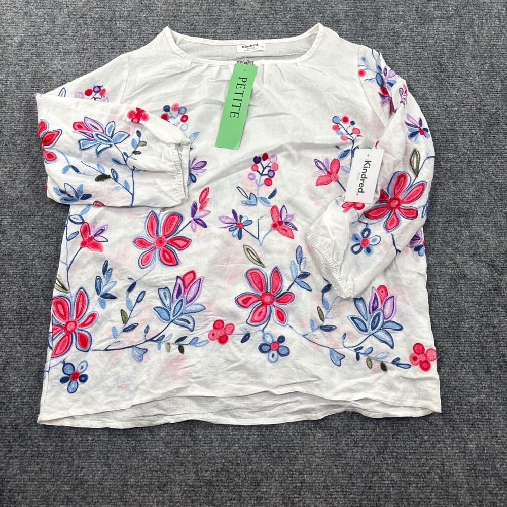 Kindred Petite Blouse PM White Floral Embroidered 3/4 Sleeve Top NWT Women's